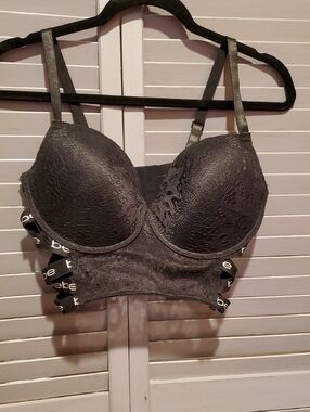 bebe Charcoal Lace Longline Push-Up Bra with Branded Side Straps Size 38 D